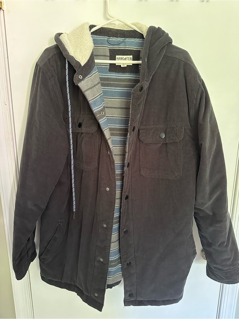 Hang Ten Men's Hooded Corduroy Field Jacket in Gray with Sherpa Trim